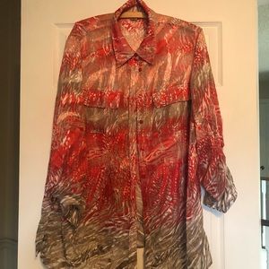 Red and beige animal print gauzy blouse